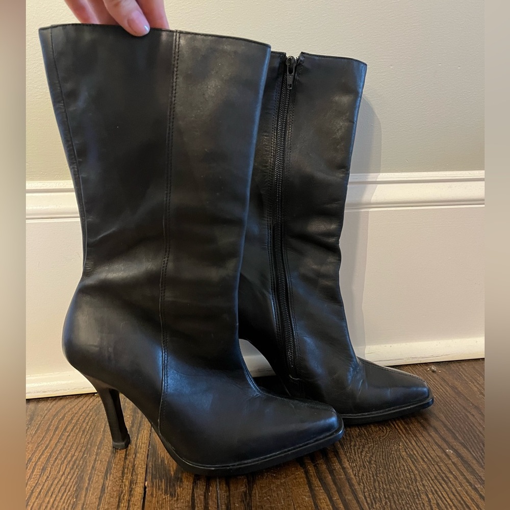 black leather pointed toe high heel boots